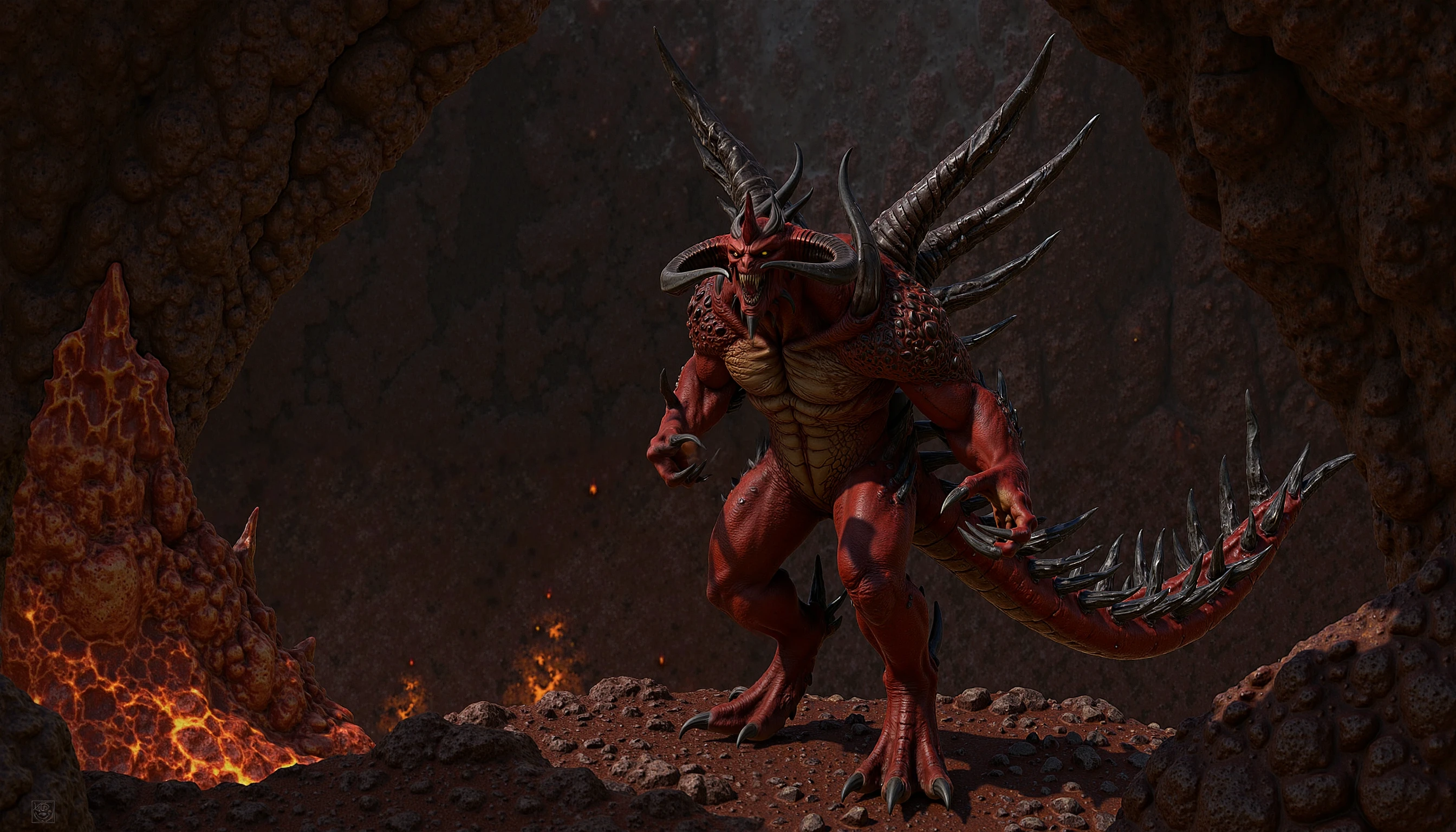 Breathtaking photography of DiabloII in his very dark rocky cave, hellish red atmosphere, fire everywhere, full body poseA vivid portrayal of a menacing, red dragon-like creature in a cavern. The creature has sharp, pointed horns and a muscular body covered in intricate, textured scales. Its scales are a deep, fiery red, contrasting with the lighter tones of the cavern walls. A fiery pit of molten lava flows to the left of the creature, emitting a bright orange glow. The background is dominated by dark, rocky formations, creating a sense of depth and atmosphere. The image is realistic with fantasy elements, emphasizing the creature's power and majesty., (perfectly sharp:1.3), realistic textures, (deep focus, focus on background:1.5), 8k uhd, dslr, ultra high quality image, film grain, Fujifilm XT3