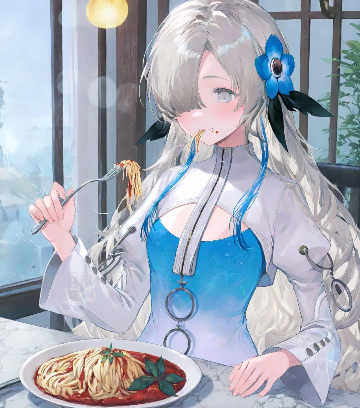 (miyuki \(miyuki0529\):1.1025),(nekonyan:1.1576),
eating pasta, spagetti, holding fork, green leaf on pasta,
1girl, isekaijoucho, isekai joucho, blue hair flower, gray wavy long hair, hair over one eye, multicolored hair, white blue two-tone dress, blue white gradient dress, puffy long sleeves,
smile, blush,, cinematic lighting,  dynamic angle, looking down, close-up, sitting,
burry background, bokeh,
fine dining, restaurant, indoor,
masterpiece, best quality, amazing quality, very aesthetic, absurdres,
<lora:neg4all_bdsqlsz_xl_V91:1>    <lora:Isekaijoucho_anynoob_B:1.0>,