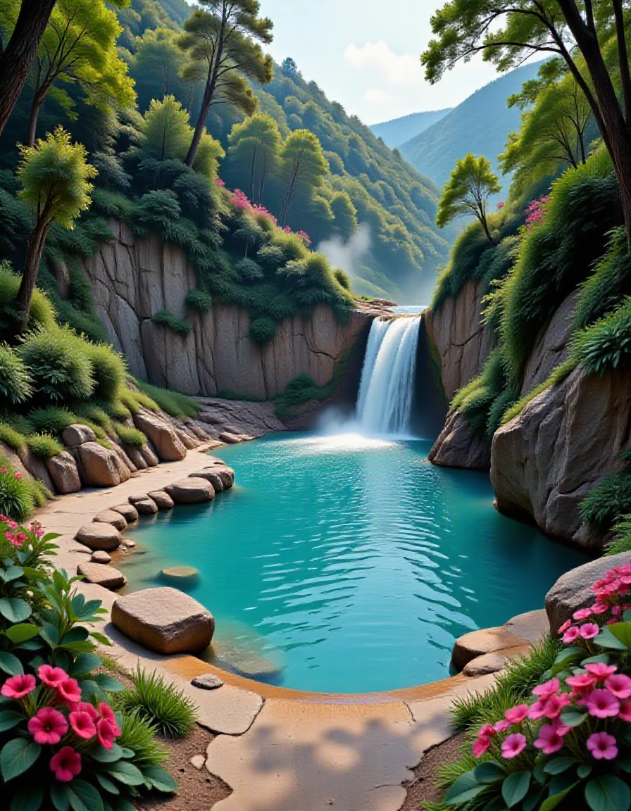 A vibrant hot spring surrounded by lush greenery and flowers - SeaArt AI