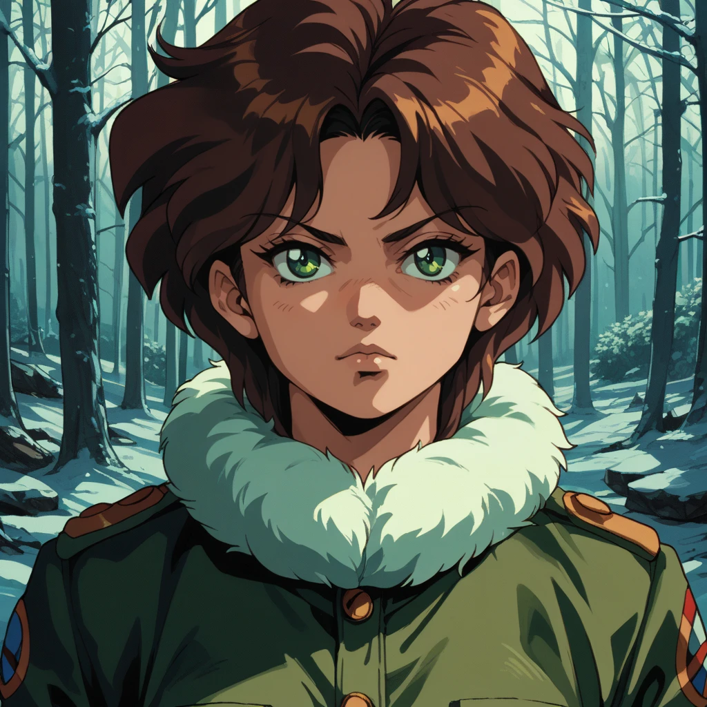 score_9, score_8_up, score_7_up, score_6_up, score_5_up BREAK retro artstyle, 1990s \(style\), ot0m, 1girl, military jacket, fluffy neck pillow, serious, glowing green eyes, looking at viewer, brown hair, night forest, winter, low contrast, dramatic light, surreal, pathos scene, <lora:OtaKingMondayAshlinPDXL32v1.5tx1-000015:0.8>