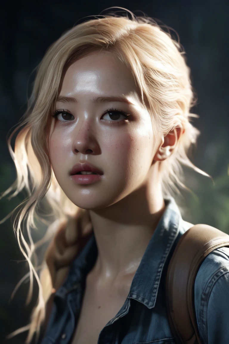 Create a hyper-realistic,cinematic portrait of a beautiful woman styled in a 'last of us game' aesthetic. She is wearing detailed clothes. She has an inviting expression. Her blonde hair is styled in flowing waves. The lighting is even and atmospheric, with dramatic shadows. Eye contact. The composition balances elegance and power, capturing the essence of a high-budget action epic.,ros3blackpink