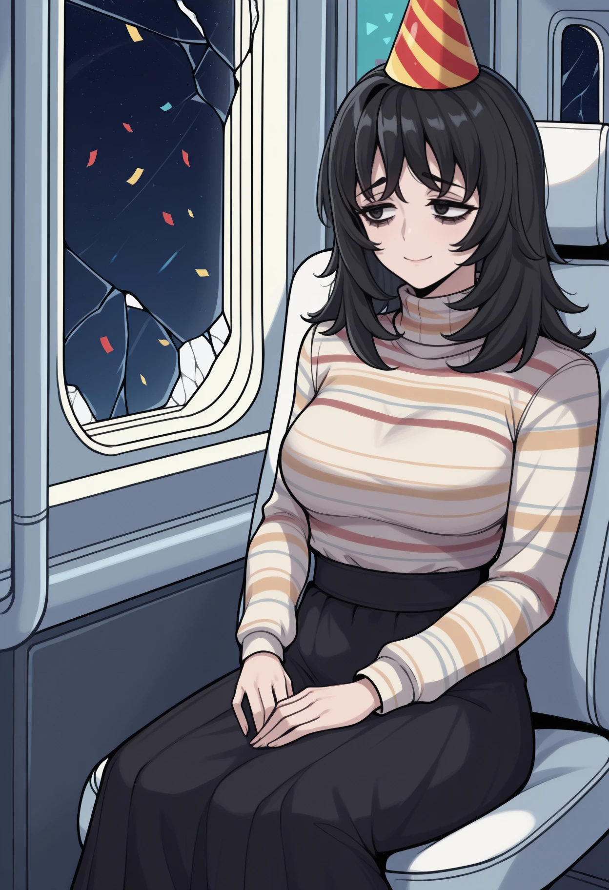 masterpiece, best quality, <break> solo, 1girl, mthwshanya, slight smile, looking away, sitting, chair, hands on lap, medium hair, black hair, party hat, black eyes, bags under eyes, striped clothes, striped sweater, turtleneck, long sleeves, long skirt, black skirt, indoors, confetti, spacecraft interior, broken window, starry sky, star \(sky\)
<segment:yolo-Anzhc Face seg 640 v2 y8n.pt,0.4,0.5//cid=1>