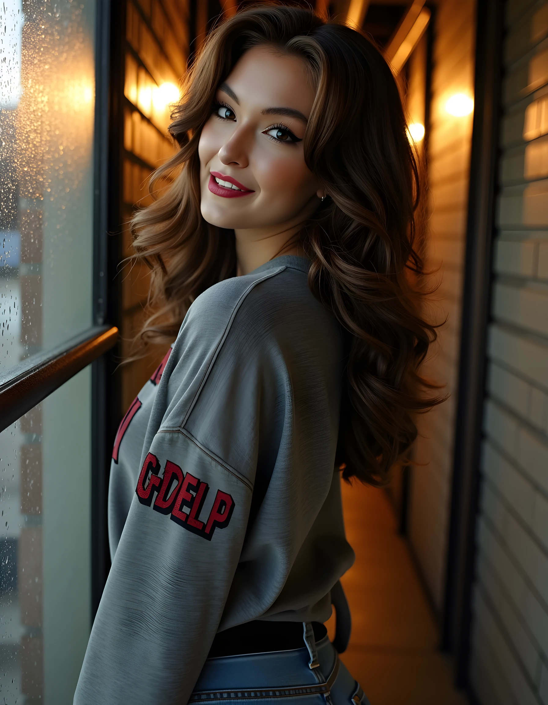 In a gritty, neo-noir urban setting, a woman with long, wavy chestnut hair cascading over one shoulder, clad in distressed jeans and a worn, yet stylish, oversized sweater emblazoned with the letter R4CH3LP in bold, graffiti-style font, stands against the cold, rain-streaked glass window of an abandoned warehouse. The camera is positioned at eye level, capturing her profile as she turns to face the viewer head-on, her eyes intense and full of intrigue, her lips slightly parted in a mysterious smile. A single, solitary streetlight casts a warm, golden glow on her face, illuminating her delicate features and highlighting the droplets of rain that cling to her lashes and hair. The emotional tone is one of enigmatic allure and quiet strength.