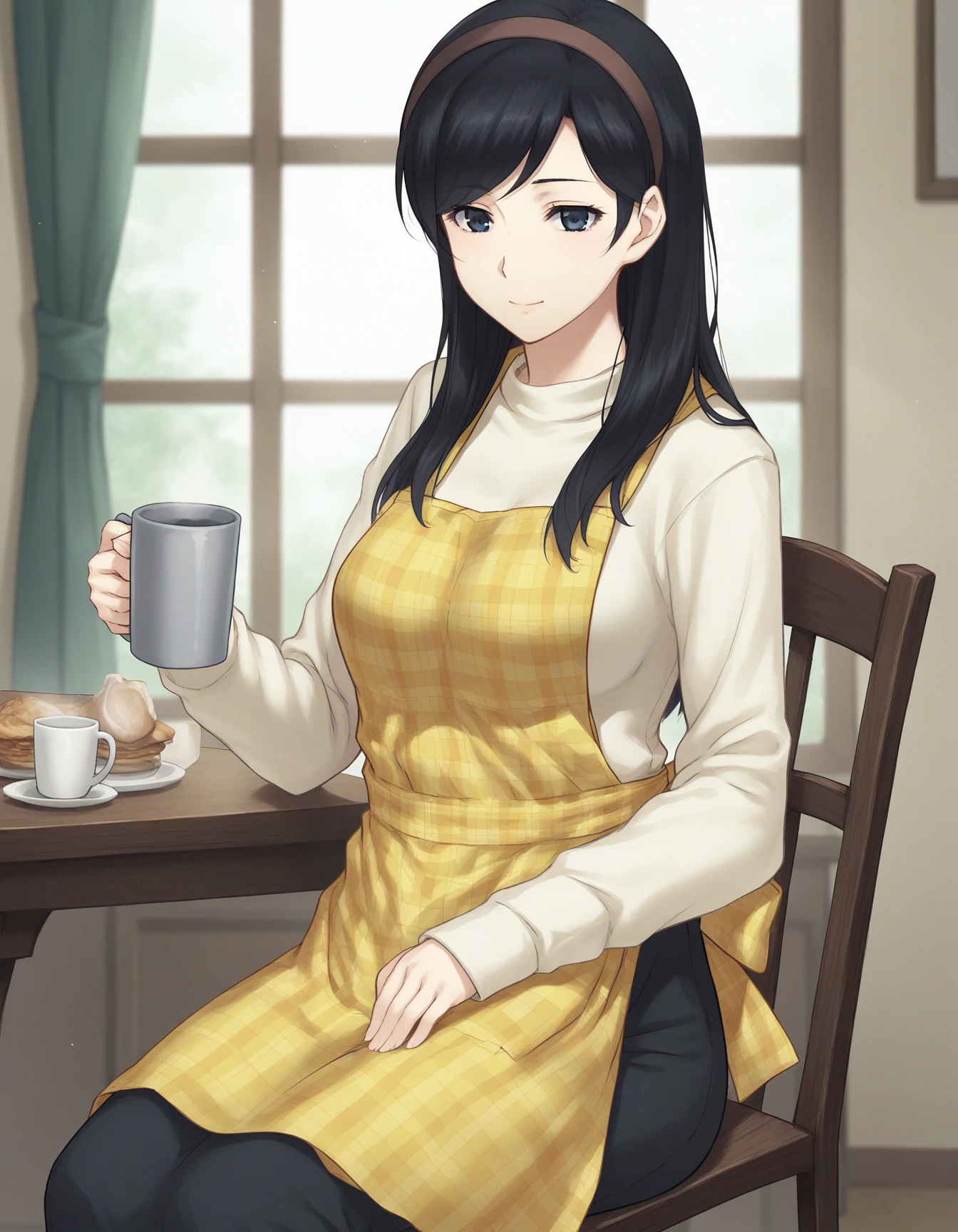 score_9, score_8_up, score_7_up BREAK 1girl, solo, kayahara fuyumi, black hair, long hair, swept bangs, hair band, black eyes, light smile, closed mouth, medium breasts, white sweater, yellow apron, plaid apron, sitting on chair, wooden chair, holding mug, indoors, window, sunlight <lora:kayahara_fuyumi_pdxl_v1:0.8>