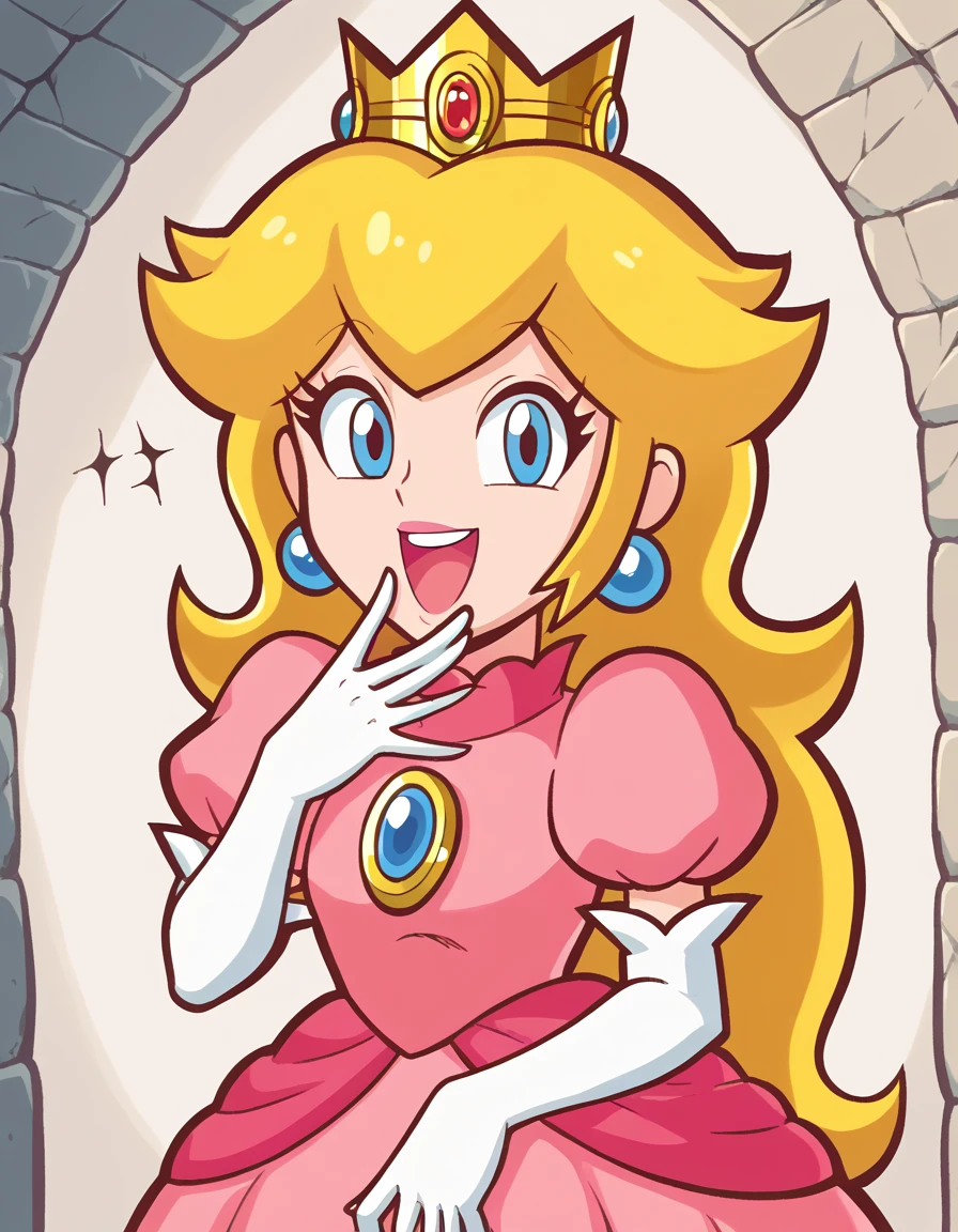 score_9, score_8_up, score_7_up, source_anime, <lora:super-princess-peach-ingame-ponyxl-lora-nochekaiser:1>, princess peach, blonde hair, blue eyes, long hair,, crown, dress, gem, gloves, pink dress, puffy short sleeves, puffy sleeves, short sleeves, white gloves,, tunnel, dark, underground, passage, walls, smile, <lora:ojou-sama-pose-ponyxl-lora-nochekaiser:1>, ojou-sama pose, laughing, smug, hand to own mouth, open mouth,, looking at viewer, solo,, dutch angle, cowboy shot