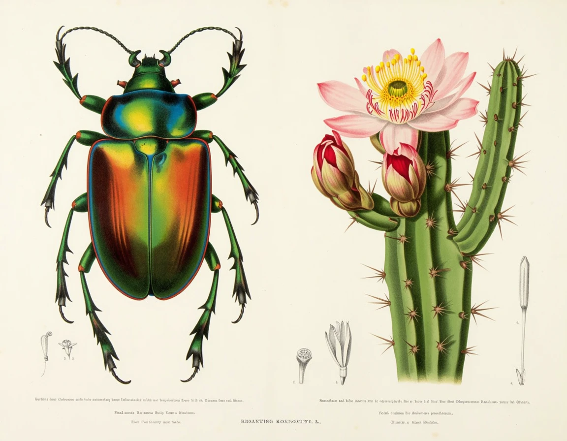 a scientific botanical illustration with two primary subjects, first a large iridescent beetle and second a cactus blossom both on soft beige paper with little notes drawings and annotations on the borders. 
 