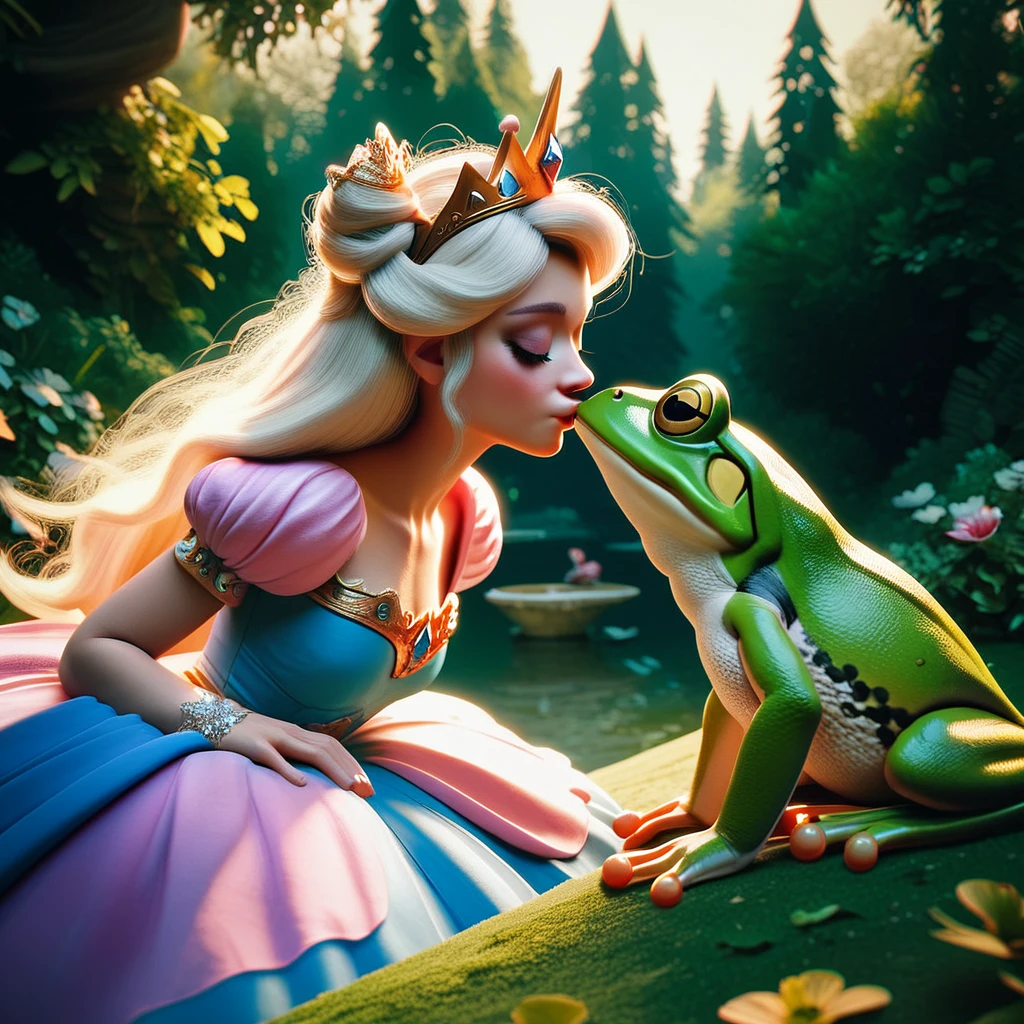 score_9_up,score_8_up,score_7_up,score_6_up, score_5_up, frog, imminent kiss, princess, princess dress, eyes closed, masterpiece, 4k, high quality, 2d