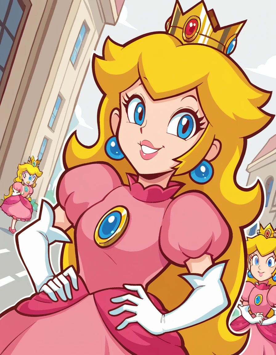 score_9, score_8_up, score_7_up, source_anime, <lora:super-princess-peach-ingame-ponyxl-lora-nochekaiser:1>, princess peach, blonde hair, blue eyes, long hair,, crown, dress, gem, gloves, pink dress, puffy short sleeves, puffy sleeves, short sleeves, white gloves,, crosswalk, people, street, white lines, traffic, smile, smug, hands on own hip,, looking at viewer, solo,, dutch angle, cowboy shot