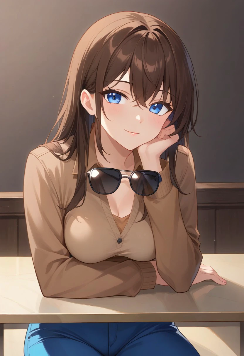 Masterpiece, High quality, OC, Female Adult woman, 1girl, solo, long dark brown hair with front section brushed to the right side, shoulder-length bangs, rest of hair hanging straight down, blue eyes, black sunglasses, medium breasts, brown jacket, light brown shirt, steel blue pants, skinny build