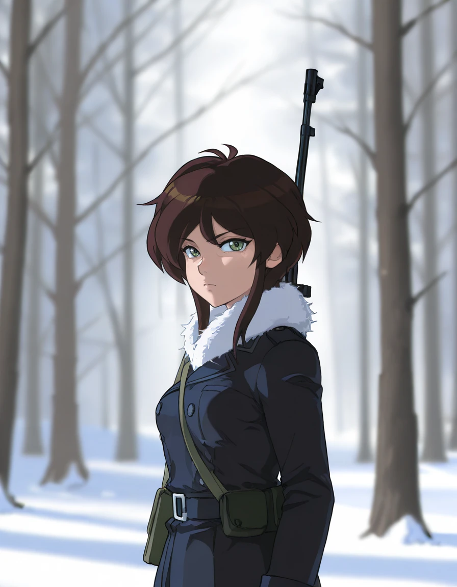 masterpiece, best quality, amazing quality, very aesthetic, absurdres, ot0m, as0, 1girl, military winter uniform, white fluffy neck pillow, gun on back, sniper rifle, serious, green eyes, brown sidelocks hair, looking at viewer, pathos scene, masterpiece, best quality, amazing quality, very aesthetic, absurdres, surreal night forest, winter, scenery, <lora:OtaKingMondayAshlinNoobaXL32v1.7tx1-000013:0.9>