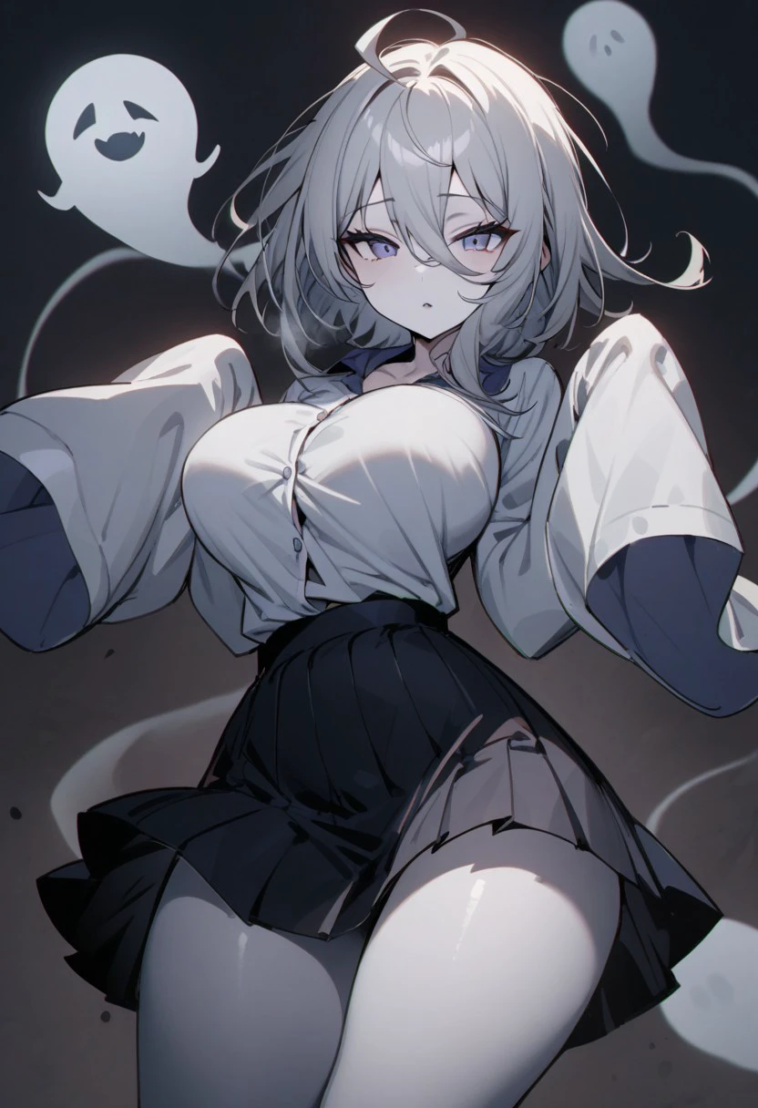 masterpiece, best quality, ghost girl, ghost pose, shirt, large breasts, floating, sleeves past fingers, grey skin, skirt, parted lips, wide sleeves, grey hair