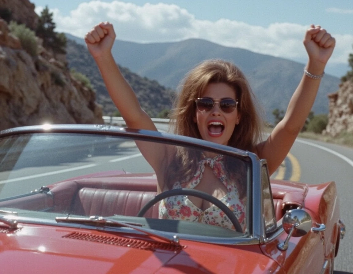 raquel-welch is driving a sleek red convertible down a winding mountain road with her arms raised high in the air and she is screaming, the passenger's seat is empty, wearing a pair of sunglasses and a patterned scarf tied around her hair, which is blowing in the wind.  She is wearing a cute floral dress and red lipstick and has a confident expression on her face   <lora:raquel-welch-64:1.5>