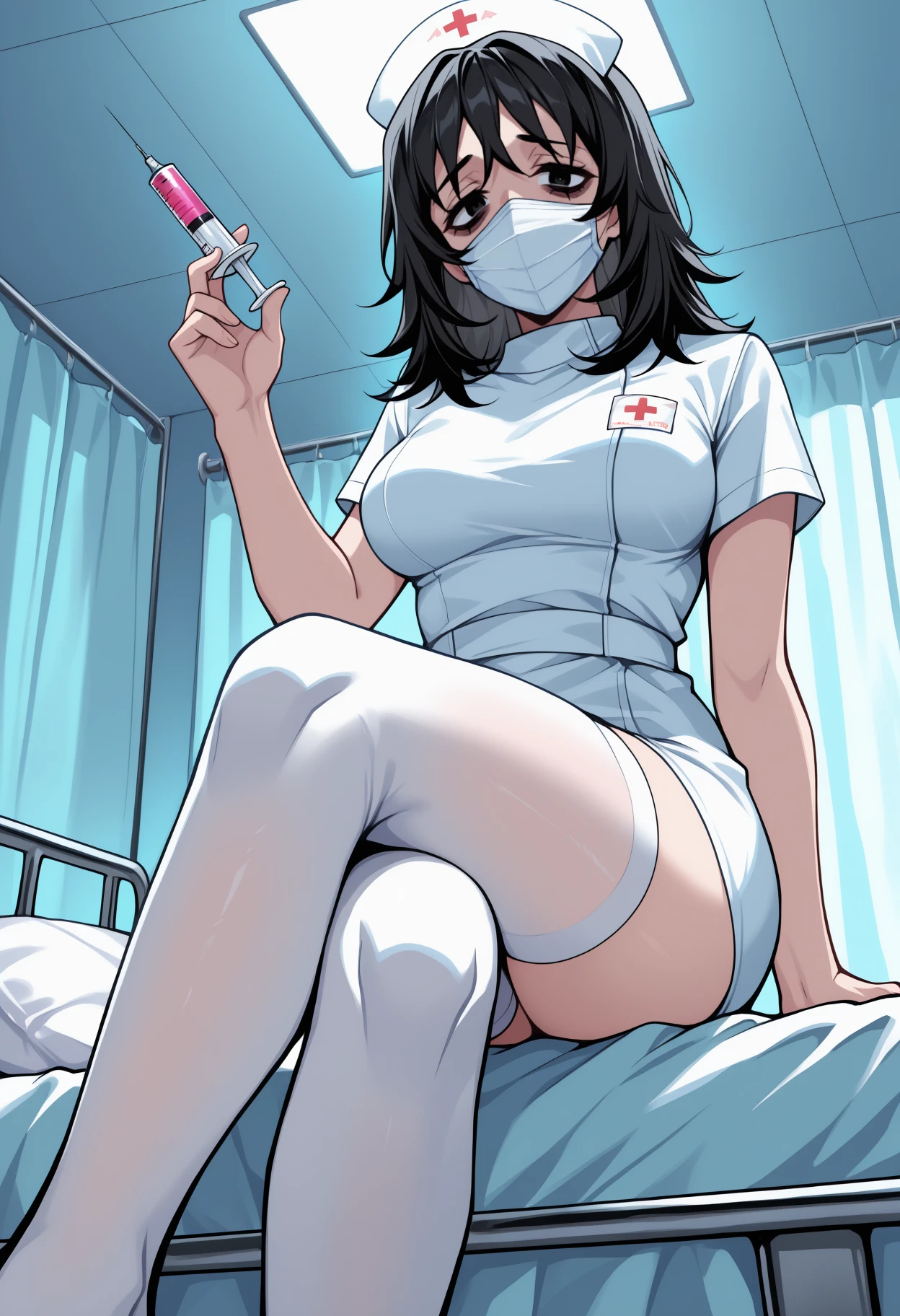 masterpiece, best quality, <break> from below, solo, 1girl, mthwshanya, looking at viewer, sitting, hospital bed, crossed legs, holding syringe, arm support, medium hair, black hair, mouth mask, black eyes, bags under eyes, nurse, short dress, white dress, short sleeves, white thighhighs, medium breasts, indoors, ceiling light
<segment:yolo-Anzhc Face seg 640 v2 y8n.pt,0.4,0.5//cid=1>