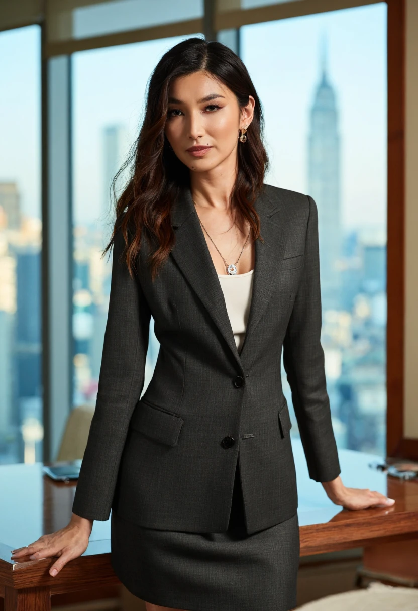 A stunning intricate full color portrait of a woman,wearing a formal business suit, in a office, happy, epic character composition,by ilya kuvshinov, alessio albi, nina masic,sharp focus, natural lighting, subsurface scattering, f2, 35mm, film grain, full body in the picture <lora:avad:1>