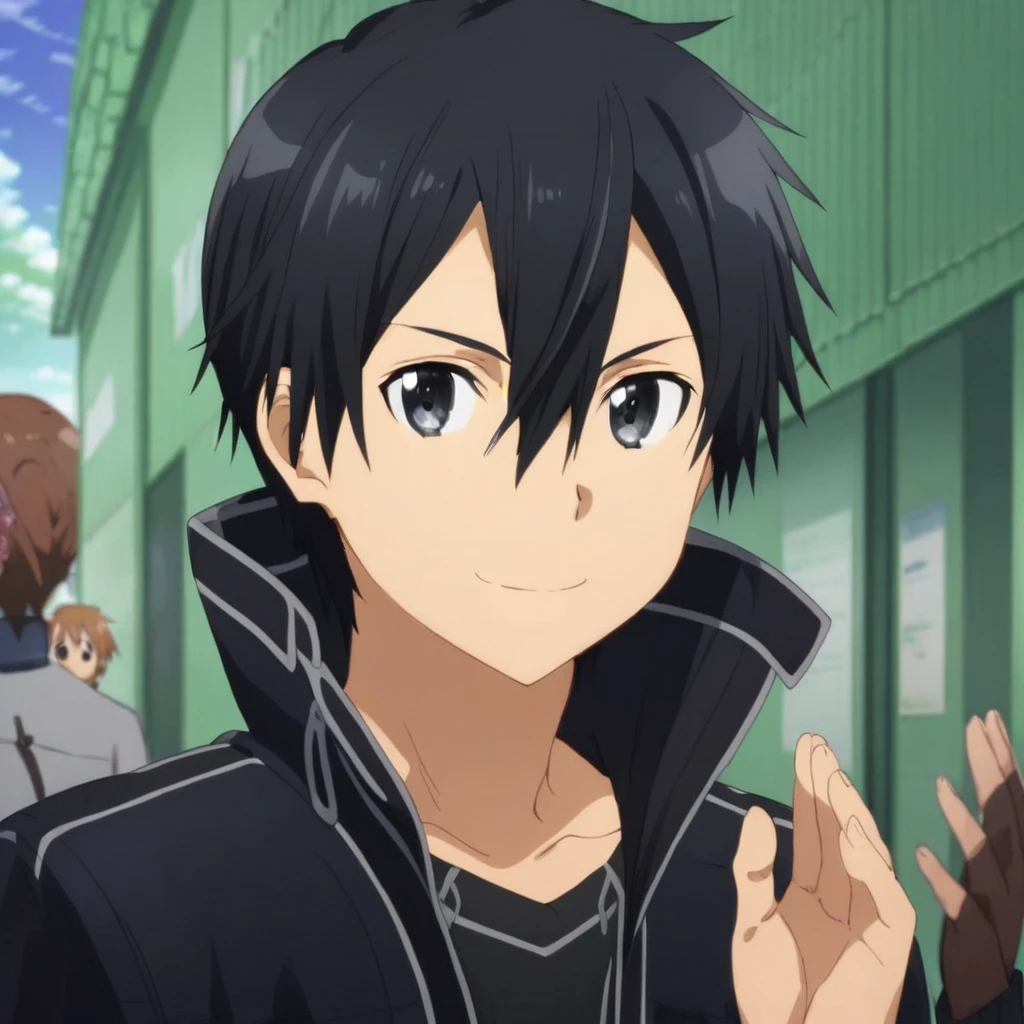 Kirito Sword Art Online, hair between eyes, Black Eyes, black hair, Kirito, solo, Hair between eyes, closed mouth, Black Hair, 1boy, smile, solo focus, black eyes, looking at viewer, male focus, upper body