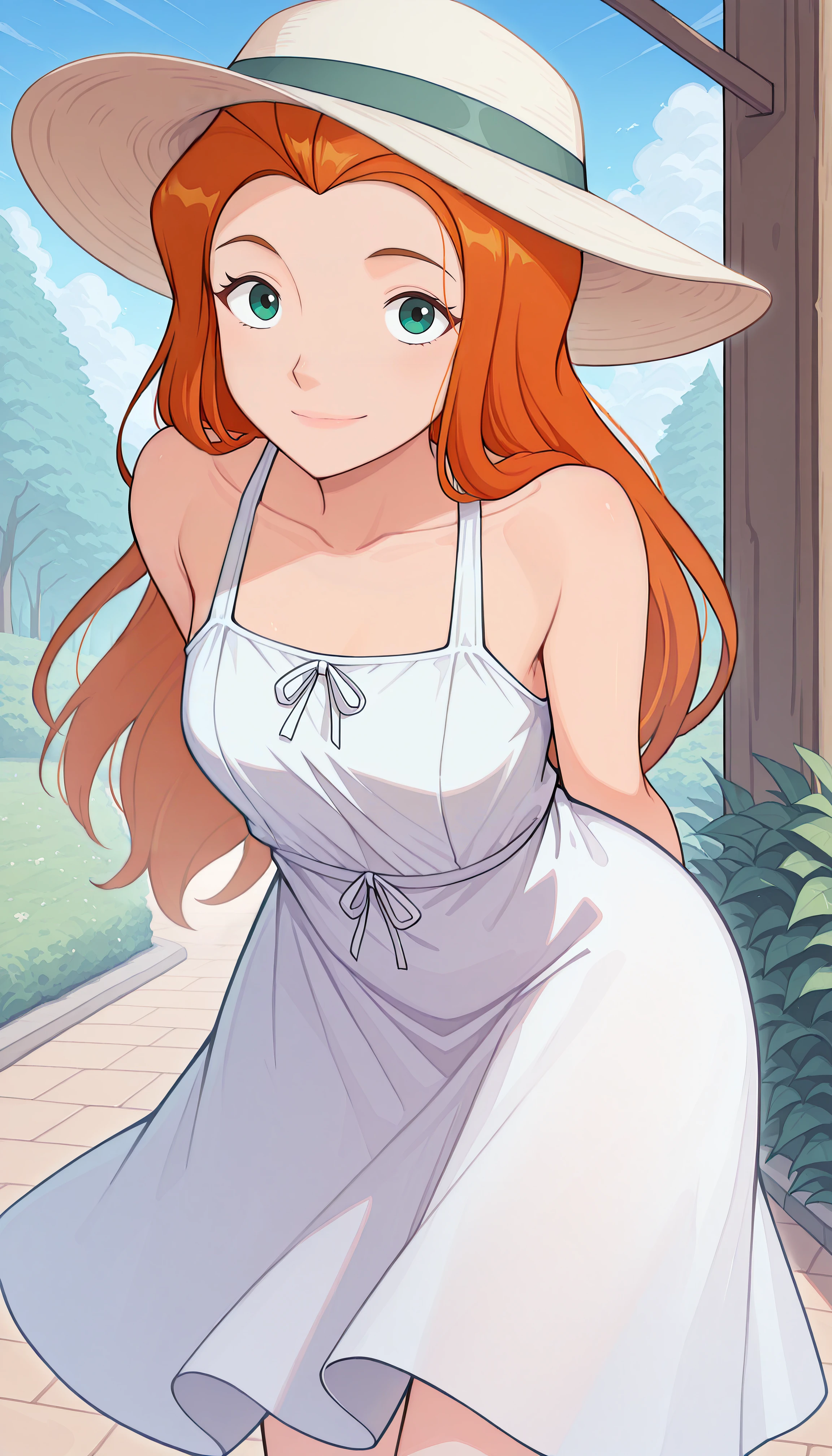 masterpiece, best quality, very aesthetic, 1girl, sam \(totally spies\), long hair, orange hair, green eyes,sundress, sun hat, arms behind back, leaning forward, looking at viewer, light smile, outdoors <lora:hskc-sam-illust-v0.5:1>