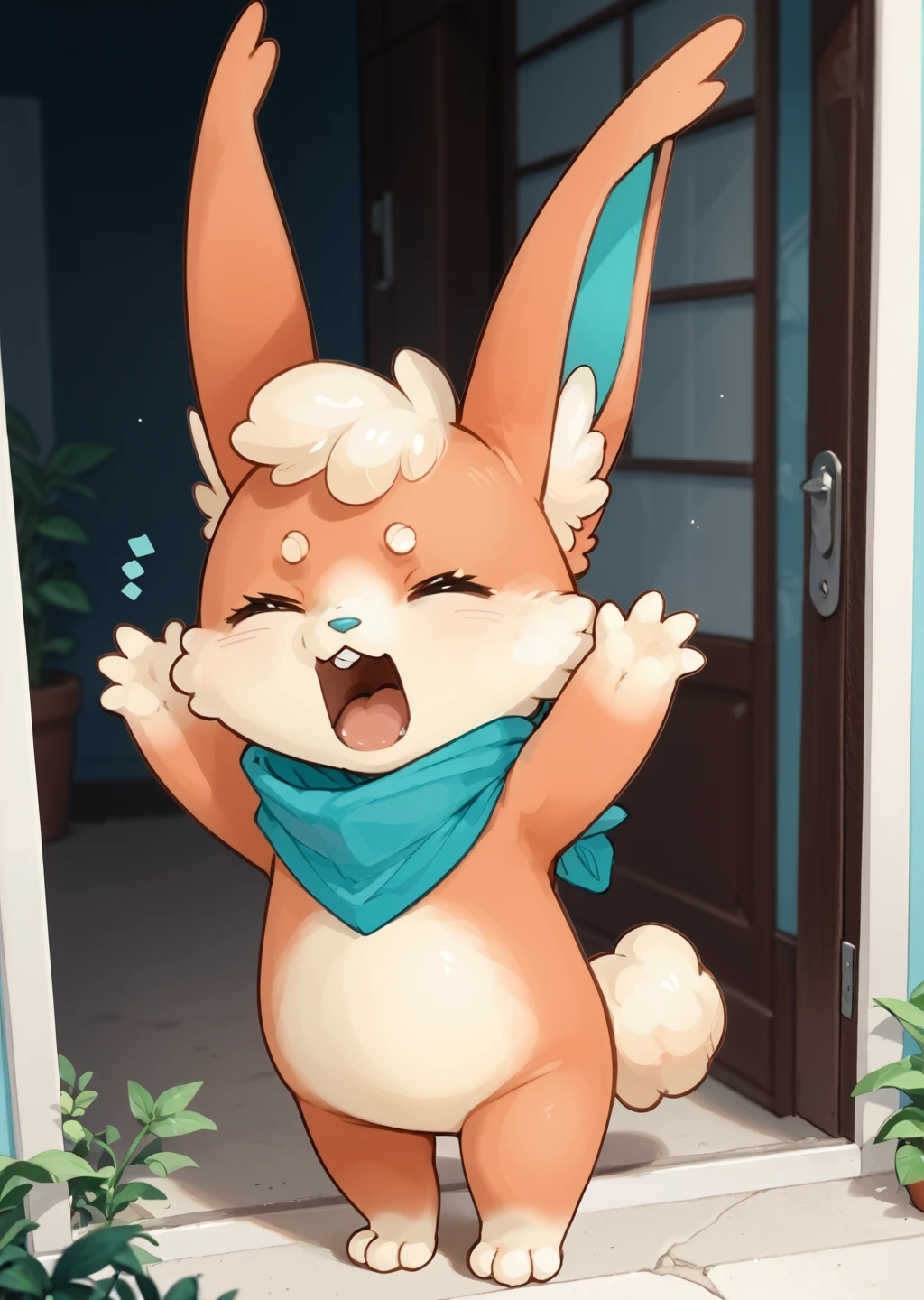 score_9, score_8_up, score_7_up, score_6_up, score_5_up, score_4_up, cute female furry feral chibi rabbit, yawning, source_furry  <lora:Toki (Kotae Expo mascot) [Pony]_epoch_11:0.8> kotaetoki, scarf, pokemon (creature)