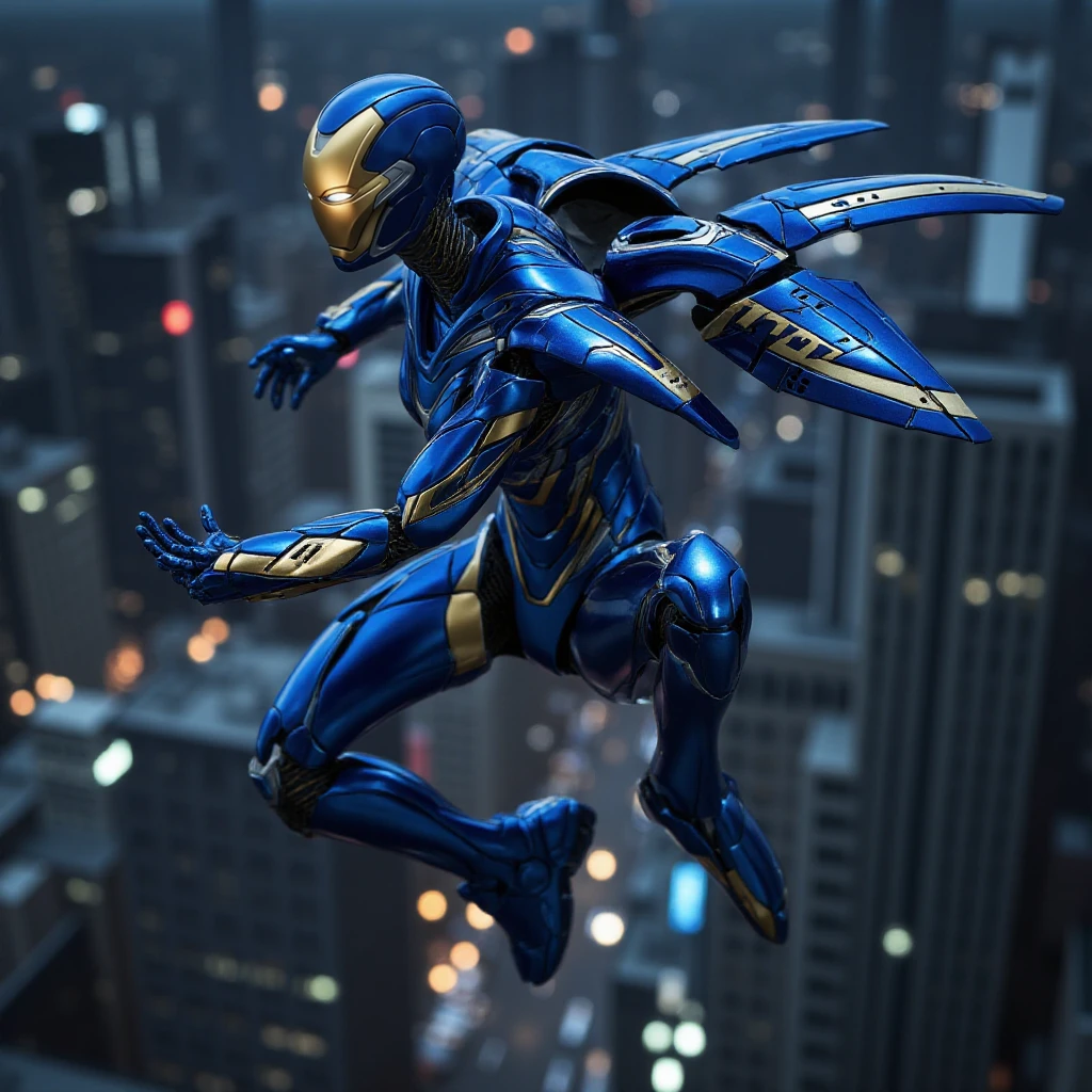 <lora:Pepper Pott Rescue Armor:0.9> a robot blue and gold pepper potts rescue armor is flying in the air over a city, night,night city lights background.