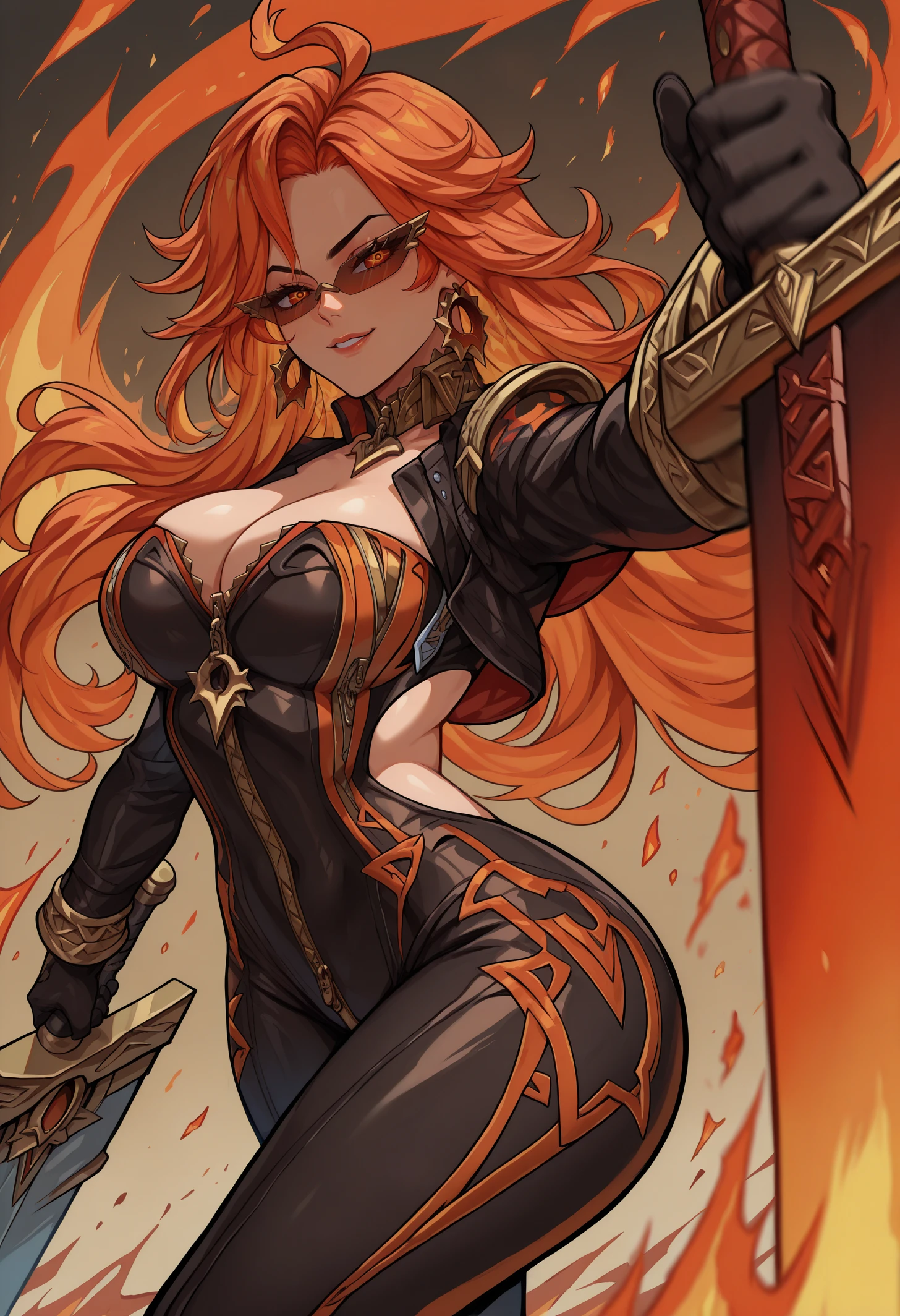 masterpiece, best quality, Mavuika, orange hair, symbol-shaped pupils, red eyes, large breasts, long hair, ahoge, jewelry, earrings, choker, zipper, bodysuit, clothing cutout, cleavage, black gloves, long sleeves, <lora:Mavuika_illusXL_Incrs_v1.1-000011:1>, fire, dynamic pose, foreshortening, seductive smile, claymore \(sword\), buster sword, holding sword, tinted eyewear, aiming at viewer, motion lines, motion blur, dutch angle,