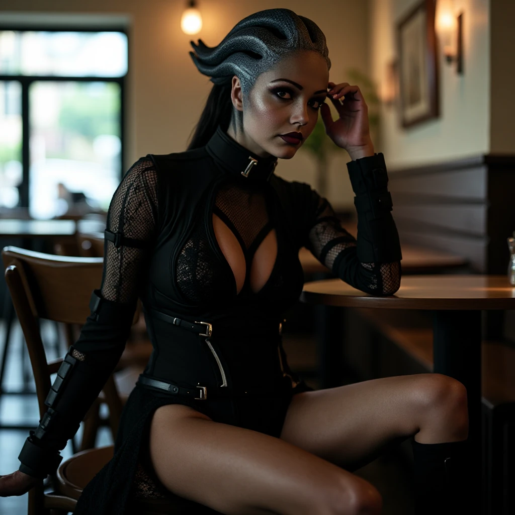 high fashion photography of a fit humanoid alien (((full body,athletic body,action pose,detailed black soldier outfit,slender long legs))),dressed in black bodysuit,lace texture,sheer fabric,indoor setting,neutral colors,ambient lighting,sitting down,hand in hair,looking sideways,centered subject,eye-level shot,medium close-up,at a cafe,High Contrast,(muted colors,dim colors,soothing tones:1.3),low saturation,(hyperdetailed:1.2),(macro view:1.3),shot on Fujifilm X-Pro3 with Fujinon XF 56mm f-1.2 R , Liara T'Soni_epoch_15