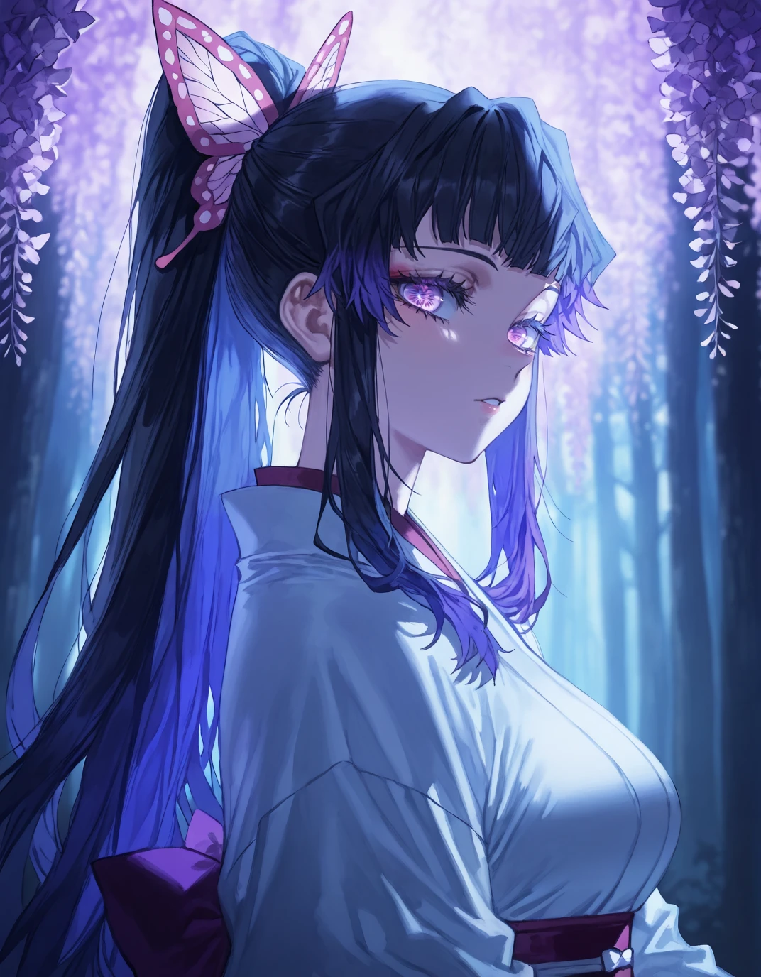 artist:asura \(asurauser\), (masterpiece), (best quality), (ultra-detailed), quasarcake, newest, amazing quality, very aesthetic, illustration, highres, absurdres, incredibly absurdres, kimetsu no yaiba, BREAK, 1girl, glowing eyes, purple eyes, white, high ponytail, white kimono, glowing flowers, purple glow, glowing forest, magical forest, wisteria flower forest, butterfly, BREAK, upper body, close up, front view, looking at viewer, dutch angle, BREAK, simple background, studio lighting, back lighting, dark background, dark theme, fog, purple smoke, depth of field, <lora:Kimetsu_No_Yaiba_Demons:1>âââ