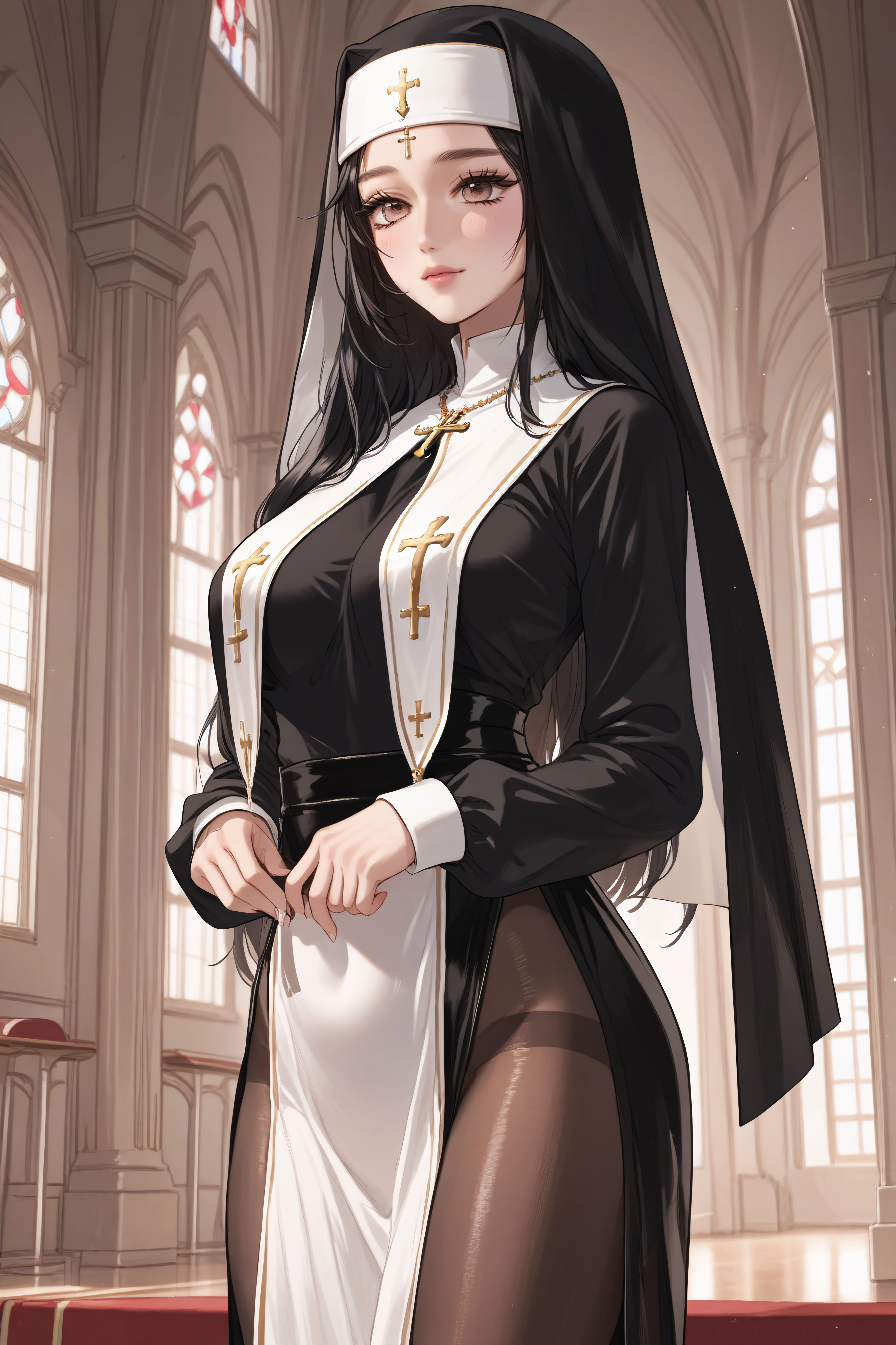 score_9, score_8_up, score_7_up, score_6_up, source_anime, BREAK, <lora:Zheng Shuyi-PonyXL-lora-Faxtron:1> zheng shuyi, black hair, long hair,  <lora:0847 nun costume_v1_pony:1> ruanyi0847,bodysuit,breast curtains,dress,nun,pantyhose,pelvic curtain,