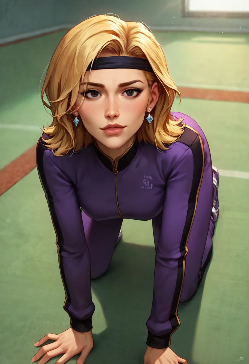 score_9, score_8_up, score_7_up, score_6_up, score_5_up, score_4_up, , solo, extreme detail, Masterpiece, Best Quality, beautiful, high res image, rating_explicit,
<lora:coach_greer:0.7> blonde hair, headband, coach_gre3r, medium hair, purple tracksuit, slim, wide hips, mature woman, black eyes, lipstick, earrings
1girl, focus on ass, on all fours, ,  carpet,   ((dynamic angle)), sexy pose,, <lora:hand 4:0.5> hand person, 
<lora:feet v3:0.5> feet style, 
<lora:Eyes_High_Definition:0.25> eyeshd, score_9, score_8_up, score_7_up, intricate details, rating_safe, fantasy setting,
depth of field, detailed background,
<lora:ral-chrosc-clr:0.5>, ral-chrosc-clr,
<lora:Expressive_H:0.5>, expessiveH,
<lora:xl_more_art-full_v1:0.3>,
<lora:add-detail-xl:0.3>