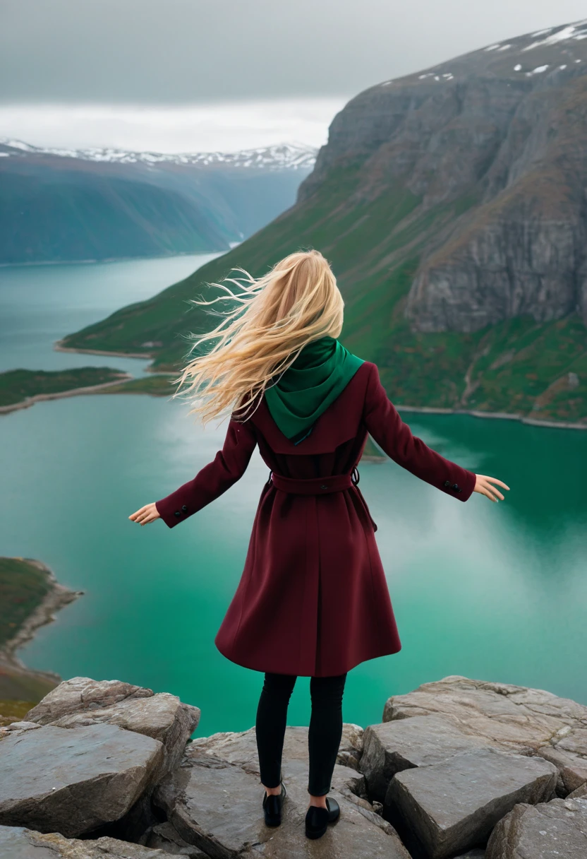 A cinematic shot of a woman renata with long, bright blonde hair standing on a rocky terrain at the edge of a cliff. She is wearing a maroon coat over a white shirt and a emerald scarf. The woman has her eyes closed and her arms outstretched. The background reveals a vast landscape with a body of water and mountains. The sky is overcast.