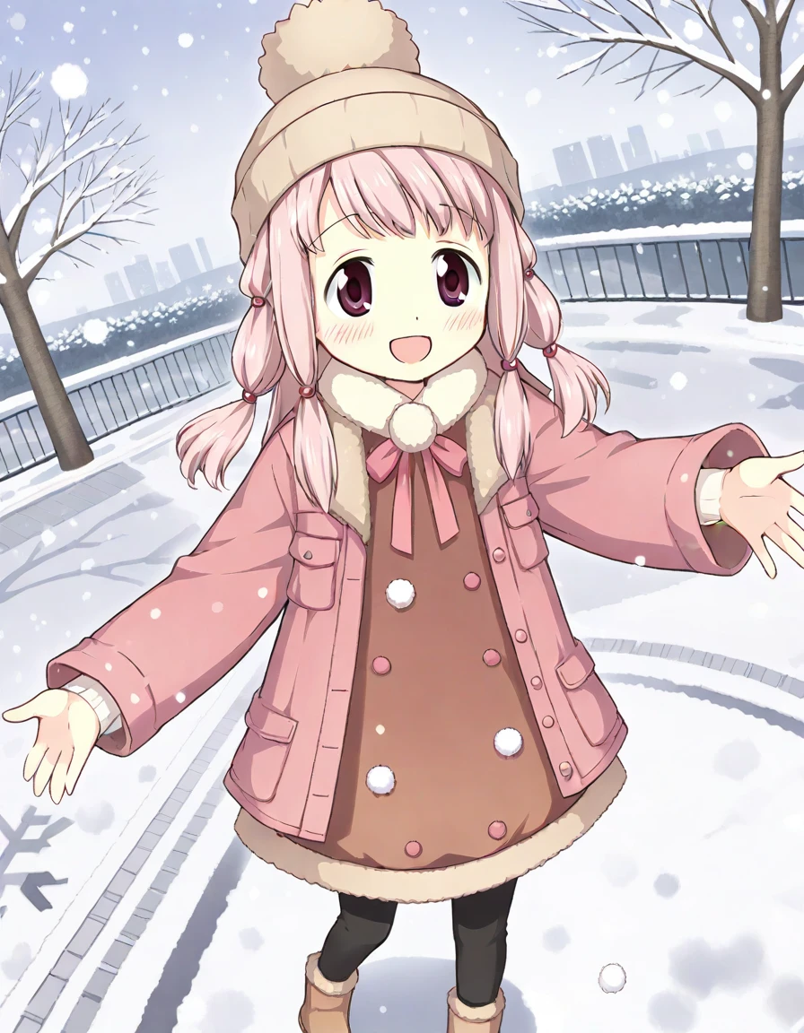 tamaki ui, winter clothes, bare hand, smile, open mouth, solo, snowing, park, from above, dutch angle, <lora:20241117154753_tamaki_ui_animagine-xl-3.1:0.7>