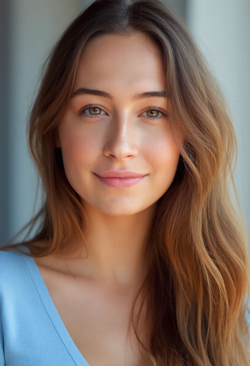 he image is a high-quality, professional photograph of a young woman with light skin and long, wavy, light brown hair. She  is wearing minimal makeup, which enhances her natural beauty. She is smiling. She is wearing a light blue blouse. The lighting is natural, likely from the sun, giving the image a soft, flattering glow. The camera angle is straight-on, focusing on her face, which is centered in the frame, adhering to the rule of thirds composition style. Her expression is neutral, with a slight, natural smile. There is no watermark visible on the image. The background is blurred, keeping the focus on her. The overall aesthetic quality of the image is very high. The depth of field is shallow, emphasizing her face. The image is safe for work (sfw).