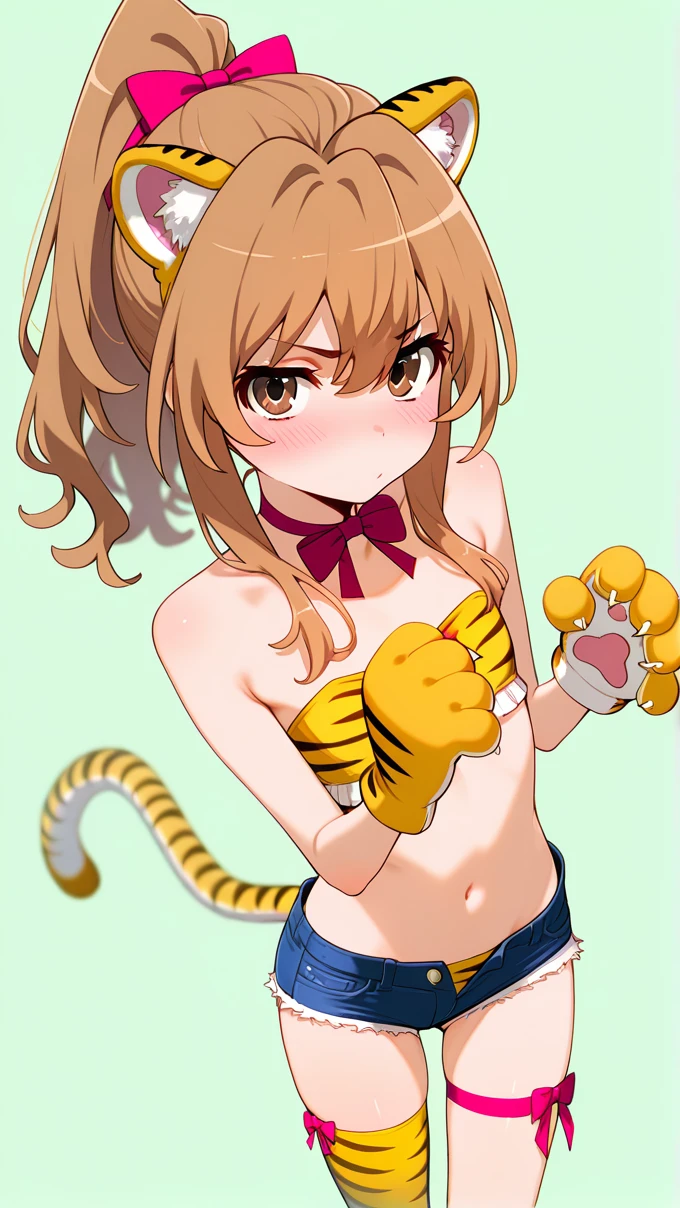 masterpiece,best quality,high resolution,absurdres,aisaka taiga, 1girl, solo, animal ears, tail, thighhighs, animal hands, long hair, animal print, tiger tail, single thighhigh, tiger print, shorts, gloves, paw gloves, flat chest, tiger ears, simple background, panties, blush, denim shorts, looking at viewer, underwear, bow, ponytail, midriff, short shorts, open fly, green background,<lora:aisaka_illustrious_0001:1>,