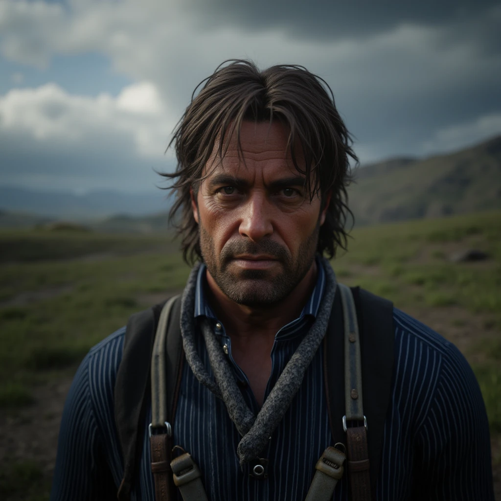 cinematic film still of  <lora:Red Dead Redemption style v1:0.9>
Arthur Morgan a man with a tie and suspends in a field, solo, blue eyes, brown hair, shirt, 1boy, closed mouth, upper body, male focus, outdoors, day, collared shirt, blurry, wet, blurry background, facial hair, suspenders, blue shirt, beard, realistic, stubble, wet hair, epic, Western, adventures, outlaw, Red Dead, Western United States, wild west, cowboy, cowgirl, Open world, 1900's, realistic, cinematic, film look, dramatic light, partially covered in shadows, gang, Western-themed action-adventure, Red Dead Redemption style, short hair, jacket, striped clothes, neckerchief, striped shirt, beard stubble, shallow depth of field, vignette, highly detailed, high budget, bokeh, cinemascope, moody, epic, gorgeous, film grain, grainy