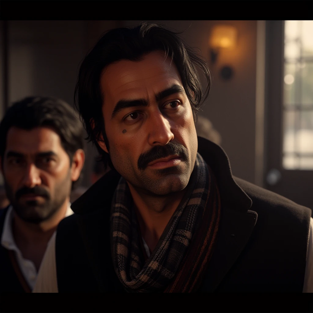 cinematic film still of  <lora:Red Dead Redemption style v1:0.9>
Dutch Van Der Linde a man with a mustache and a vest, solo, looking at viewer, shirt, black hair, 1boy, upper body, male focus, scarf, vest, plaid, facial hair, realistic, mustache, plaid scarf, epic, Western, adventures, outlaw, Red Dead, Western United States, wild west, cowboy, cowgirl, Open world, 1900's, realistic, cinematic, film look, dramatic light, partially covered in shadows, gang, Western-themed action-adventure, Red Dead Redemption style, short hair, closed mouth, mole, beard, black vest, shallow depth of field, vignette, highly detailed, high budget, bokeh, cinemascope, moody, epic, gorgeous, film grain, grainy