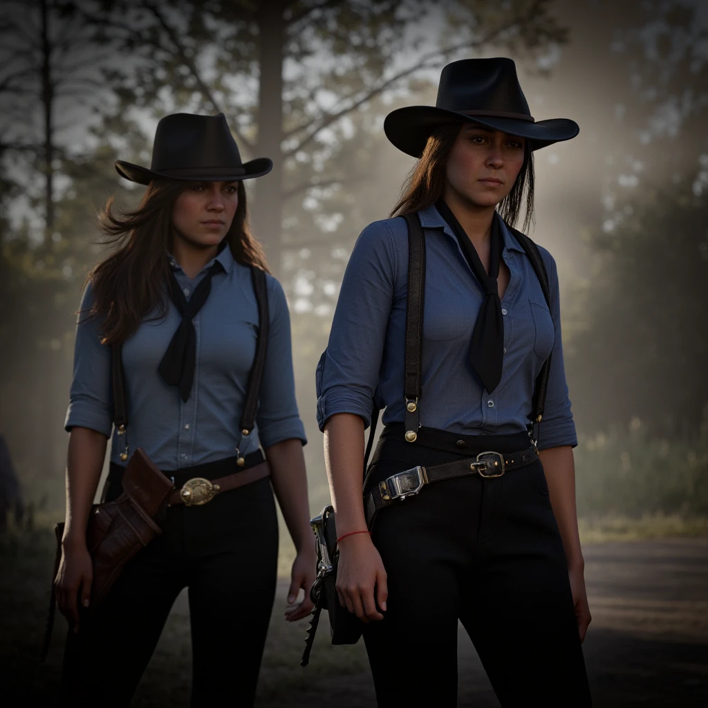 cinematic film still of  <lora:Red Dead Redemption style v1:0.9>
a woman in a cowboy outfit and hat, 1girl, solo, long hair, brown hair, shirt, hat, standing, weapon, outdoors, necktie, collared shirt, belt, pants, signature, blurry, gun, blurry background, black pants, suspenders, blue shirt, black necktie, buckle, handgun, sleeves rolled up, realistic, holster, cowboy hat, revolver, cowboy western, holstered weapon, epic, Western, adventures, outlaw, Red Dead, Western United States, wild west, cowboy, cowgirl, Open world, 1900's, realistic, cinematic, film look, dramatic light, partially covered in shadows, gang, Western-themed action-adventure, Red Dead Redemption style, 1boy, male focus, cowboy shot, tree, neckerchief, photo background, holstered
, shallow depth of field, vignette, highly detailed, high budget, bokeh, cinemascope, moody, epic, gorgeous, film grain, grainy