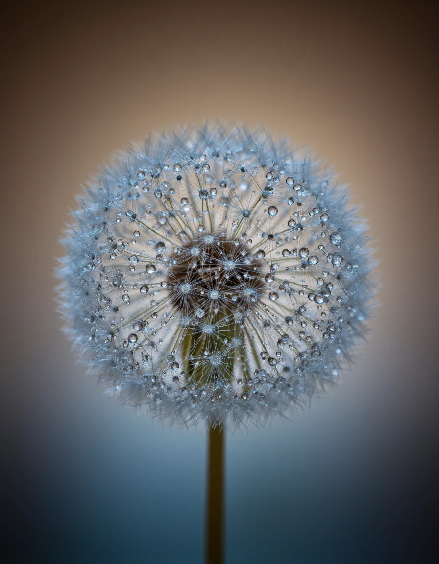 bokeh-macro. This is a high-resolution, macro photograph capturing the intricate beauty of dew-kissed dandelion seed heads. The image is in soft focus, with a bokeh effect that creates a dreamy, ethereal atmosphere. The background is a gradient of warm, muted colors, transitioning from deep brown to soft beige and pale blue, providing a soothing, blurred backdrop that highlights the delicate details of the dandelion seeds.
The dandelion seeds, in the foreground, are in sharp focus. Each seed head is covered with numerous tiny, sparkling water droplets that refract light, creating a mesmerizing, almost crystalline effect. <lora:BokehMacro:1>