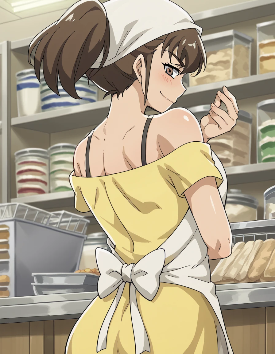 score_9, score_8_up, score_7_up, source_anime, <lora:yumiko-samejima-s1-ponyxl-lora-nochekaiser:1>, yumiko samejima, short hair, brown hair, ponytail, brown eyes, apron, head scarf, shirt, yellow shirt, off shoulder, spaghetti strap, skirt, bare shoulders,, shop, items, counter, customer, shelves, smile, <lora:dio-brandos-pose-ponyxl-lora-nochekaiser:1>, dio brandos pose, dio brando's pose (jojo), back, ass, from behind, jojo pose, standing, blush, smile, bed room,, looking at viewer, solo,, dutch angle, cowboy shot