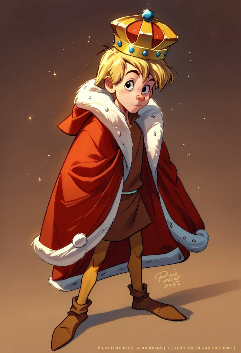 score_9, score_8_up, score_7_up, CuteCartoonStyle, 1boy, solo, male focus, Arthur, Blonde Hair, Black Eyes, Brown Tunic, Tan Leggings, Brown Shoes, Crown, White Fur Lined Red Cloak