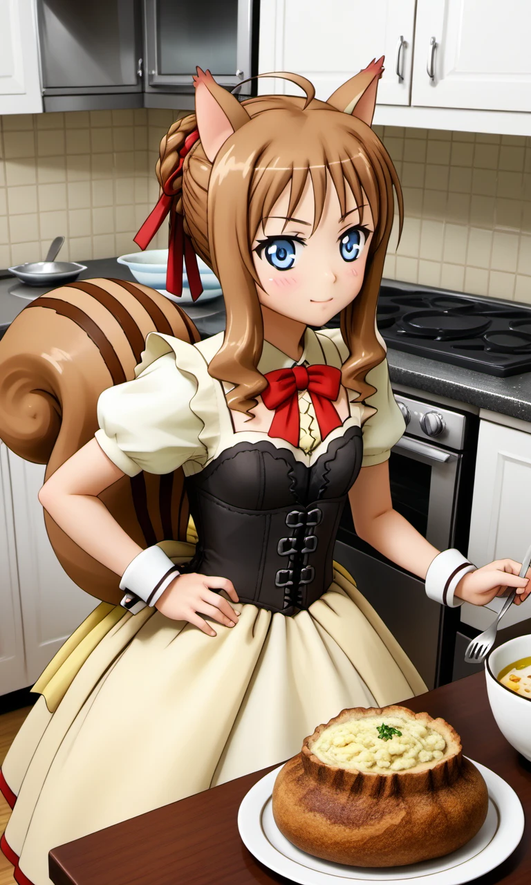 upper body, kitchen, cooks food, table, Kuberu, 1girl, blue eyes, brown hair, ahoge, hair ribbon, squirrel ears, squirrel tail, detached cuffs, short puffy sleeves, bow, dress, corset, black pleated skirt, white kneehighs, red shoes