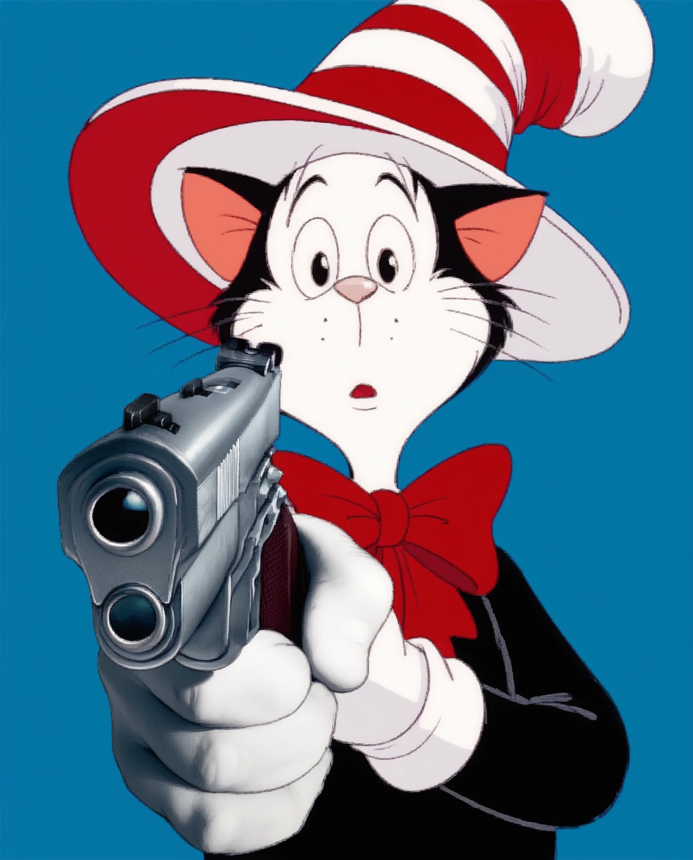 score_9, score_8_up, score_7_up, score_6_up, cartoonish and mischievous nature of the character
k1t1nTh3Hat1971,whimsical anthropomorphic cat, black fur, white face, red-and-white striped hat, red bow, cat ears, white nose, white gloves, black eyes, handgun, holding gun, aiming at viewer, revolver, finger on trigger
<lora:HandPointingAGunMeme_XLPD:0.9>
<lora:k1t1nTh3Hat1971_XL:0.8>