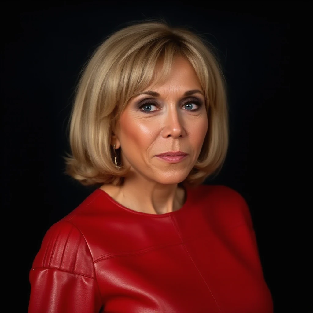 Brigitte Macron a 65yo womanwearing a red leather dress, blonde hair, realistic eyes, analog film still, kodak ektachrome, award winning photography, dark background