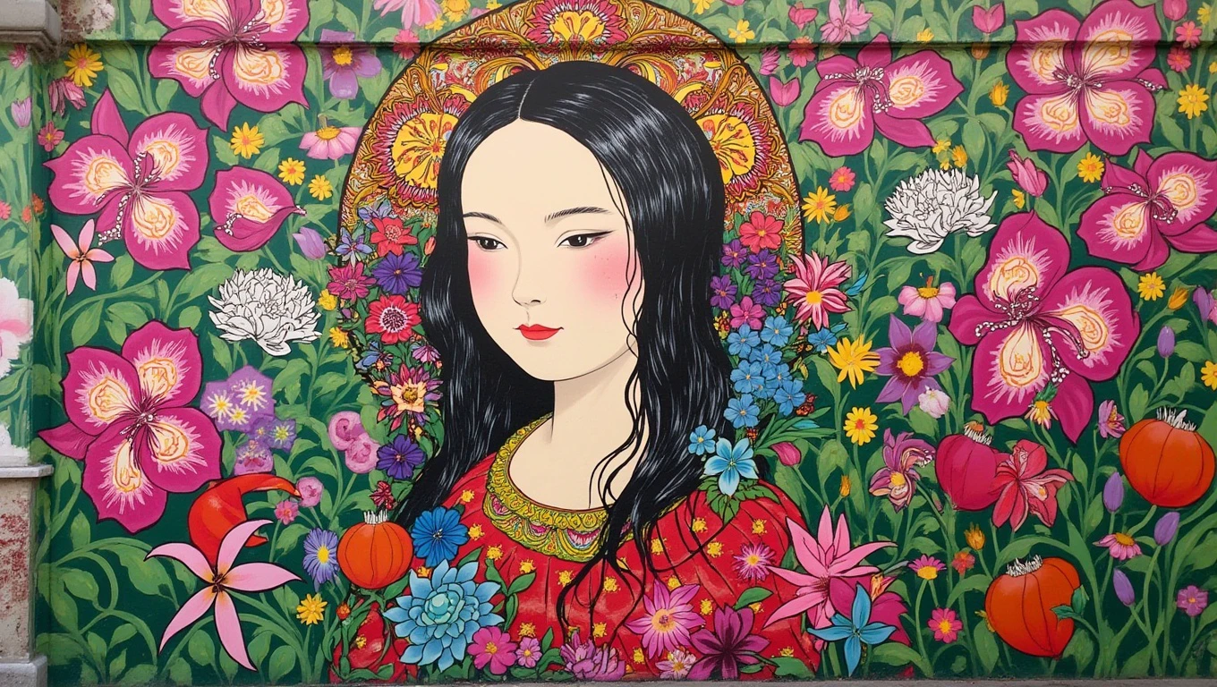 a supperfl graffiti of mona lisa in tokio. Floral themed