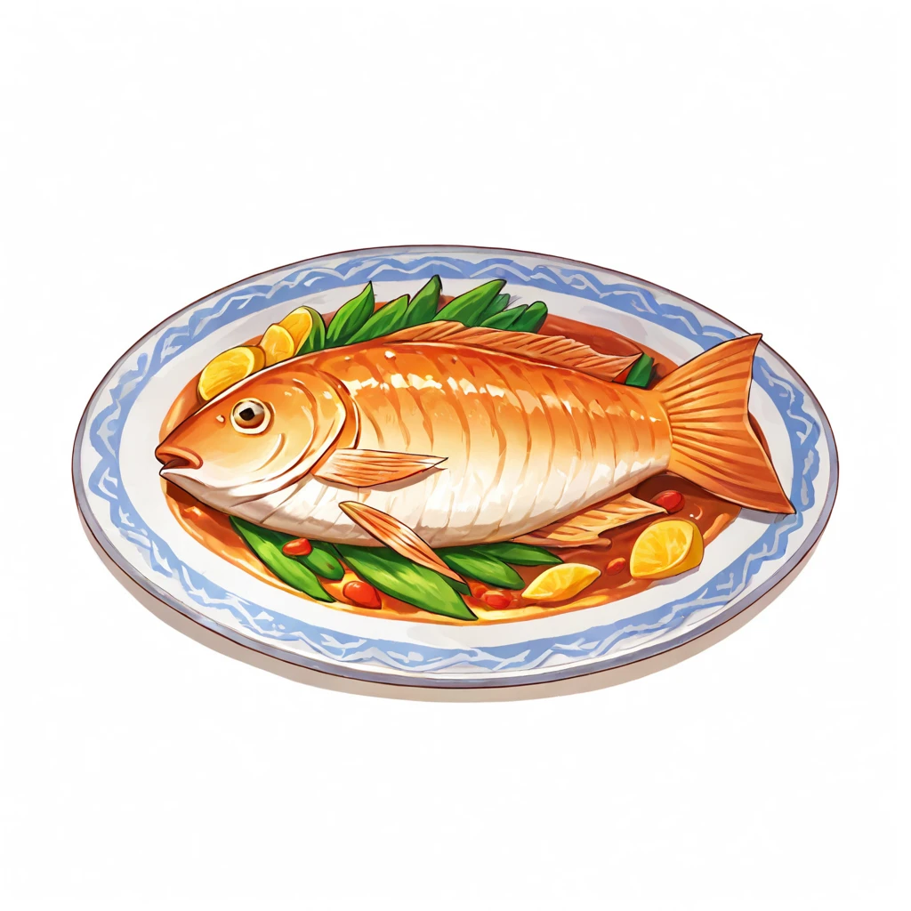 ((( White background, simple background))),masterpiece,best quality,great quality,good quality,gmic \(2dguofeng\),There is a fish on the plate,white background,simple background,<lora:gmic icon_food category-000012:0.55>,