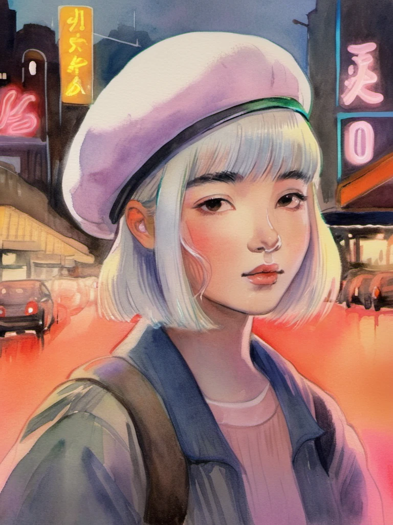 water color,1girl,solo,cigarette,short hair,white hair,Bangs,looking at viewer,bangs,neon lights,beret,hat,watercolor,texture,