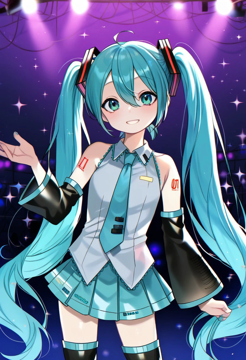 solo, 1girl, female, dancyo_style, hatsune miku, smile, absurdly long hair,aqua hair,twintails,hair ornament,sidelocks,hair between eyes,parted bangs,aqua eyes, BREAK white shirt,collared shirt,bare shoulders,sleeveless shirt,aqua necktie,detached sleeves,black sleeves,shoulder tattoo,fringe,black thighhighs,miniskirt,pleated skirt,zettai ryouiki,thigh boots, BREAK indoors, concert, scenario, colorful, portrait, BREAK ((ultra-detailed)), ((best quality)), ((best quality)), ((beautiful eyes)), ((extremely detailed)), 4K, (8K), best quality, (beautiful), Master piece, highres, score_9, score_8_up, score_7_up, score_6_up, score_5_up, score_4_up, colorful, best quality, official art, highres, masterpiece, nai3, god light, detailed background, high quality background,