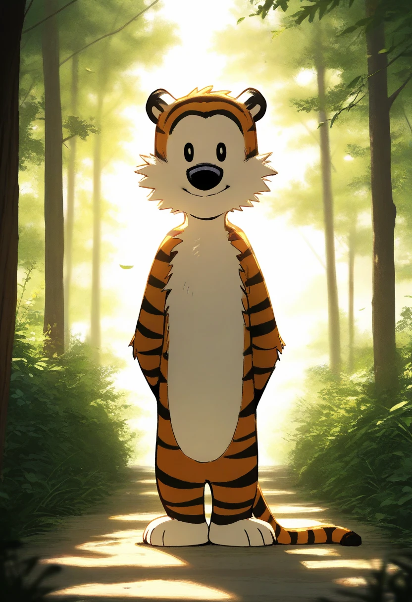 <lora:Hobbs-Illustrious:1>,hobbesca, tiger, furry, full body,(Male:1.6),
BREAK,
day, light environment, backlighting, glowing, male child focus, full body, looking up at viewer, expressive face, child, blurry outside, forrest,scenery, intricately detailed illustration, masterpiece,best quality,amazing quality,very aesthetic,