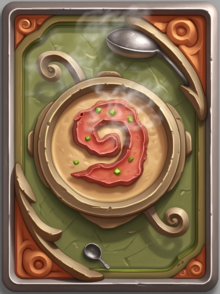 hearthstone_card, bowl, food, metal soup spoon, green plate, meat, steam, plate, spoon, ladle, food_focus, soup