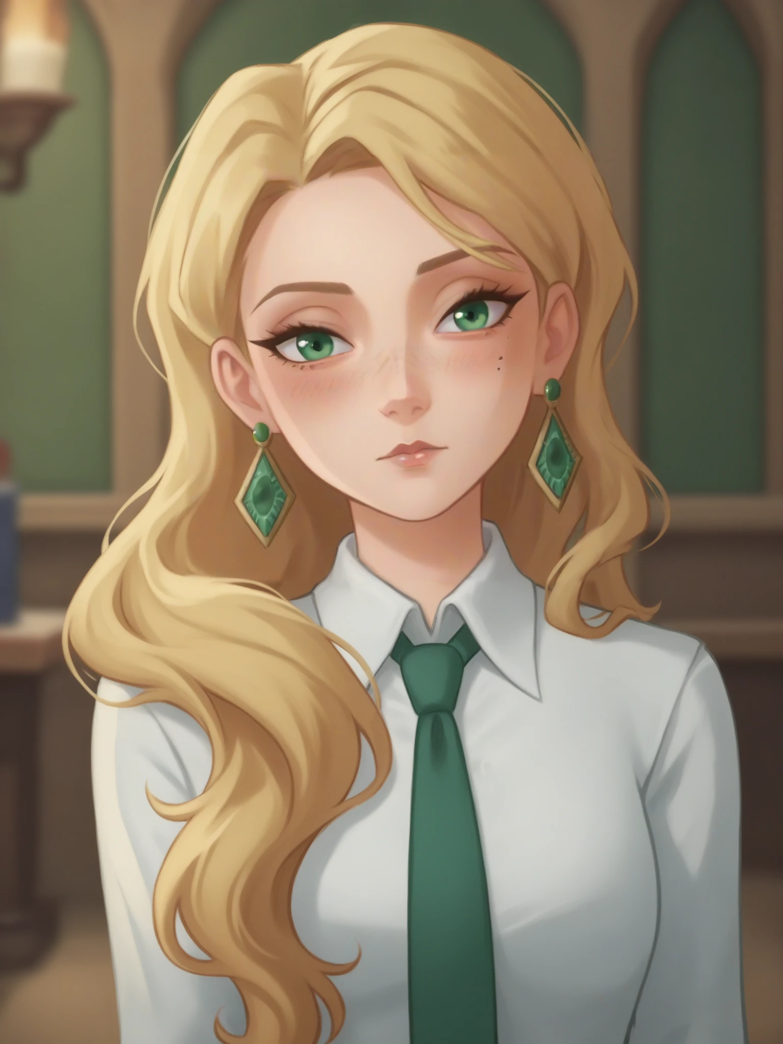 1girl, standing, looking at viewer, uncensored, score 9 up, score 8 up,
 <lora:Harry_Potter_Magic_Awakened_Cassandra_Vole_Character_PonyXL:.6>, blonde hair, long hair, jewelry, green eyes, earrings, long sleeves, hogwarts school uniform, hair over shoulder, white shirt, collared shirt, indoors, green ribbon, blush, green necktie, makeup, mole under eye, freckles, eyelashes, wavy hair