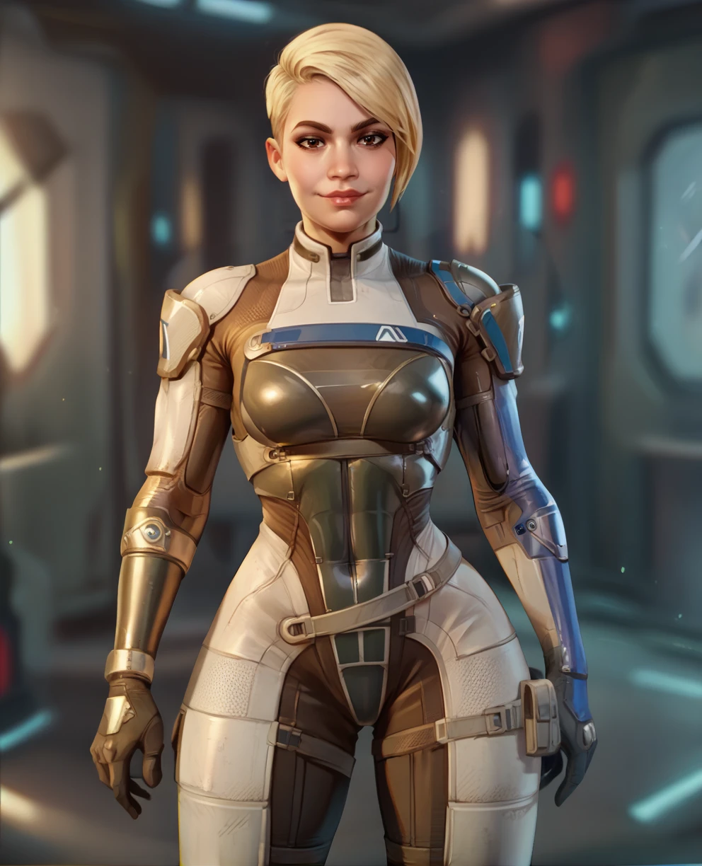 Cora .short hair, lips, breasts ,blonde hair, brown eyes,
Harper ,armor,belt.skin tight, white and blue bodysuit
space pod,
(insanely detailed, beautiful detailed face, masterpiece, best quality),
<lora:coraMEA:0.8>
