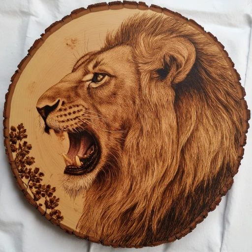 wood burning, pyrography, highly detailed pyrography of a male lion growling, on a piece of redwood