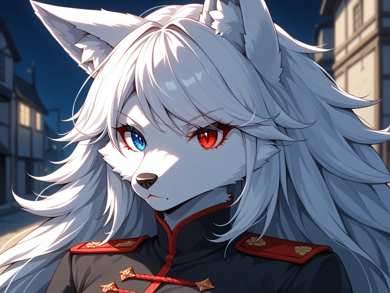 (masterpiece), best quality, expressive eyes, perfect face, anime, (1girl, (wolf girl, vampire, furry female wolf, furry female), (white hair, sideswept bangs, white fur)), ((heterochromia, right blue eye, left red eye)), (military uniform, knight), serious, (town), fine details, clothing textures, depth of field, dim lighting, high quality, thick outlines